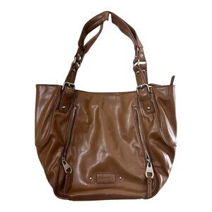Nine West Tan Faux Leather Shoulder Tote Bag with Zipper Accents